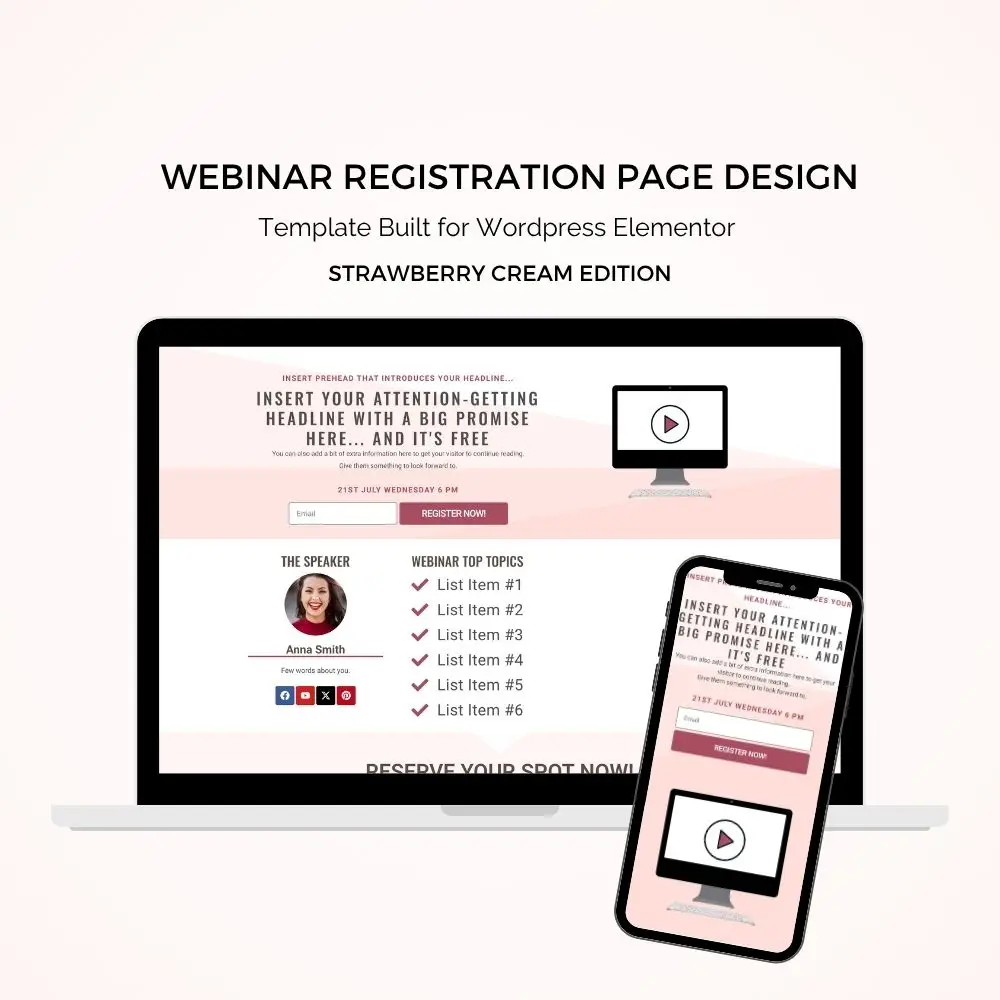 Elementor Template page webinar registration Strawberry Cream