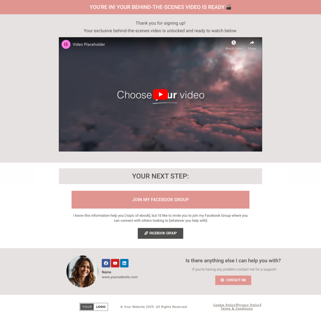 Elementor Template Video Thank You Page
